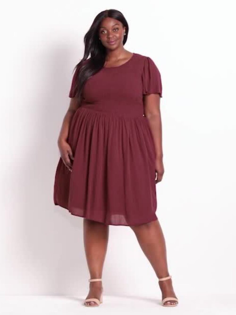 Lane Bryant Maroon Wine Smocked Fit & Flare Dress With Keyhole Back 14/16 XL